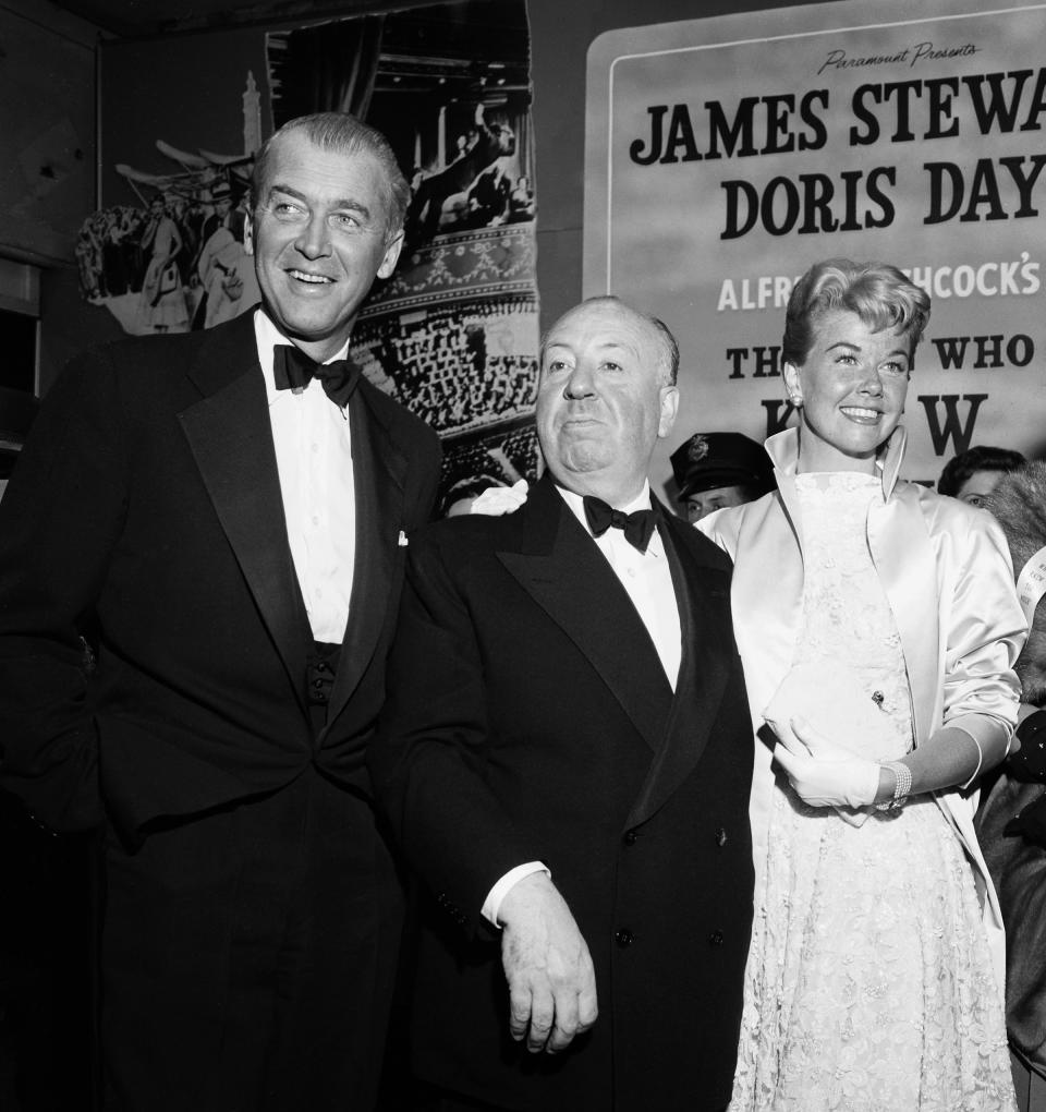 Doris Day With Alfred Hitchcock and Jimmy Stewart at the Premiere of The Man Who Knew Too Much in Los Angeles on May 22, 1956