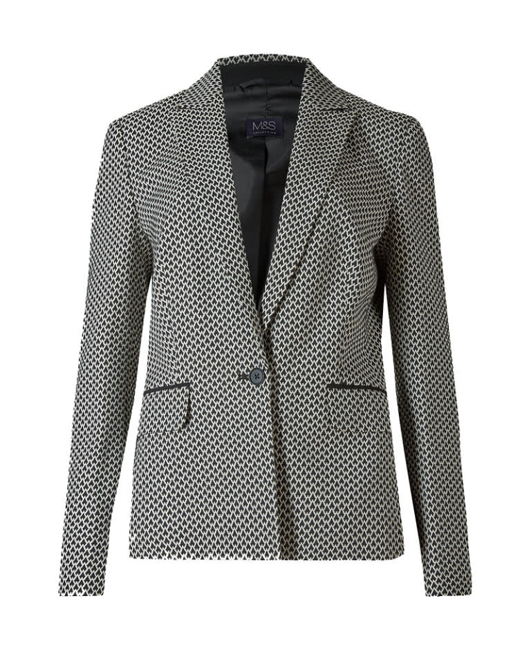 <p>Black and white jacket, £55, <a rel="nofollow noopener" href="http://www.marksandspencer.com/mono-jacquard-jacket/p/p22501219#" target="_blank" data-ylk="slk:M&S;elm:context_link;itc:0;sec:content-canvas" class="link ">M&S</a> </p>