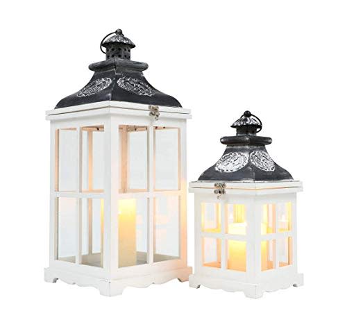 JHY DESIGN Set of 2 White Wood Decorative Candle Lanterns 21.5