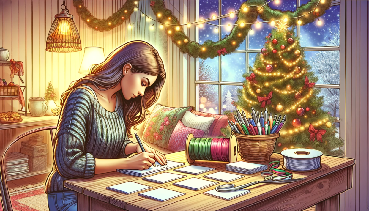 An AI-generated illustration of a woman writing homemade recipes on index cards. The background features a cozy Christmas scene with a beautifully decorated Christmas tree, twinkling lights, and festive ornaments.