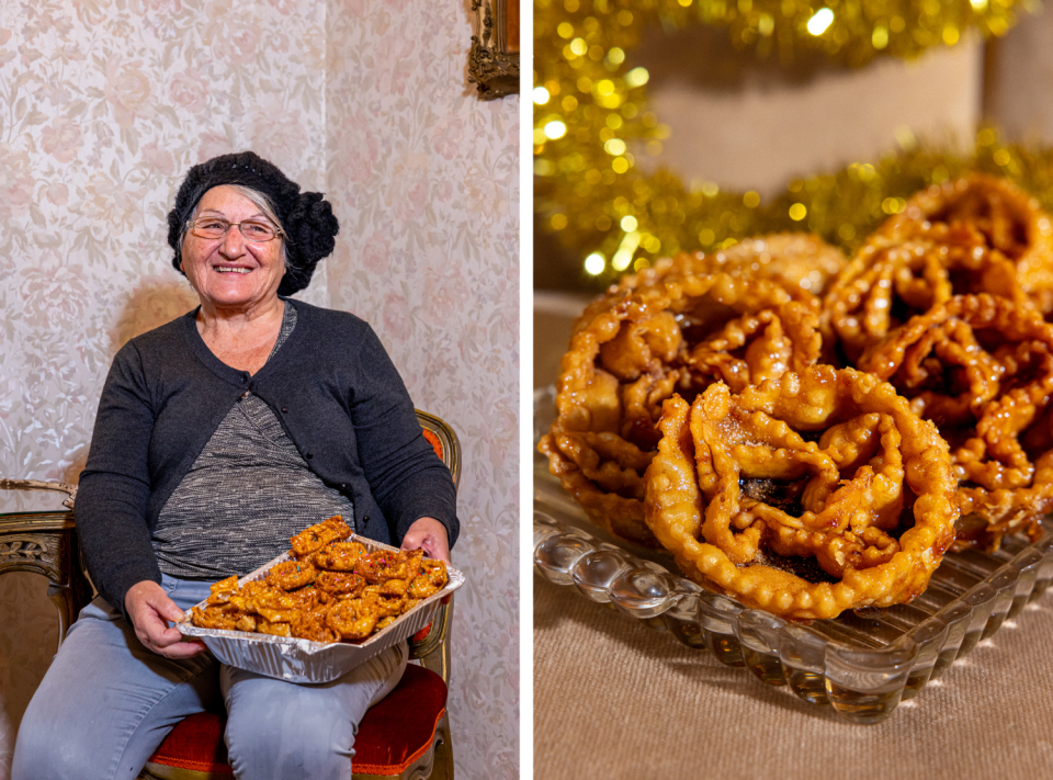 A seated woman holds an aluminum pan full of cookies; a closeup photo of her cartellate cookies