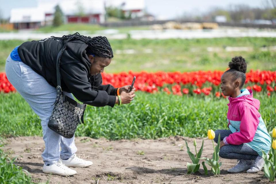 Leann M. of Kansas City, Kansas, photographed her daughter, Morgan, 8, with the tulips on the opening day of the Tulip Festival at The Fun Farm. Leann said it was the third anniversary of the death of a family member who was a photographer who loved to photograph tulips, so she paid a special visit to the field to remember his passing. (She asked not to include her last name)