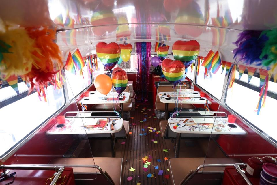 Pride decorations in a Routemaster bus ahead of the parade (James Manning/PA) (PA Wire)