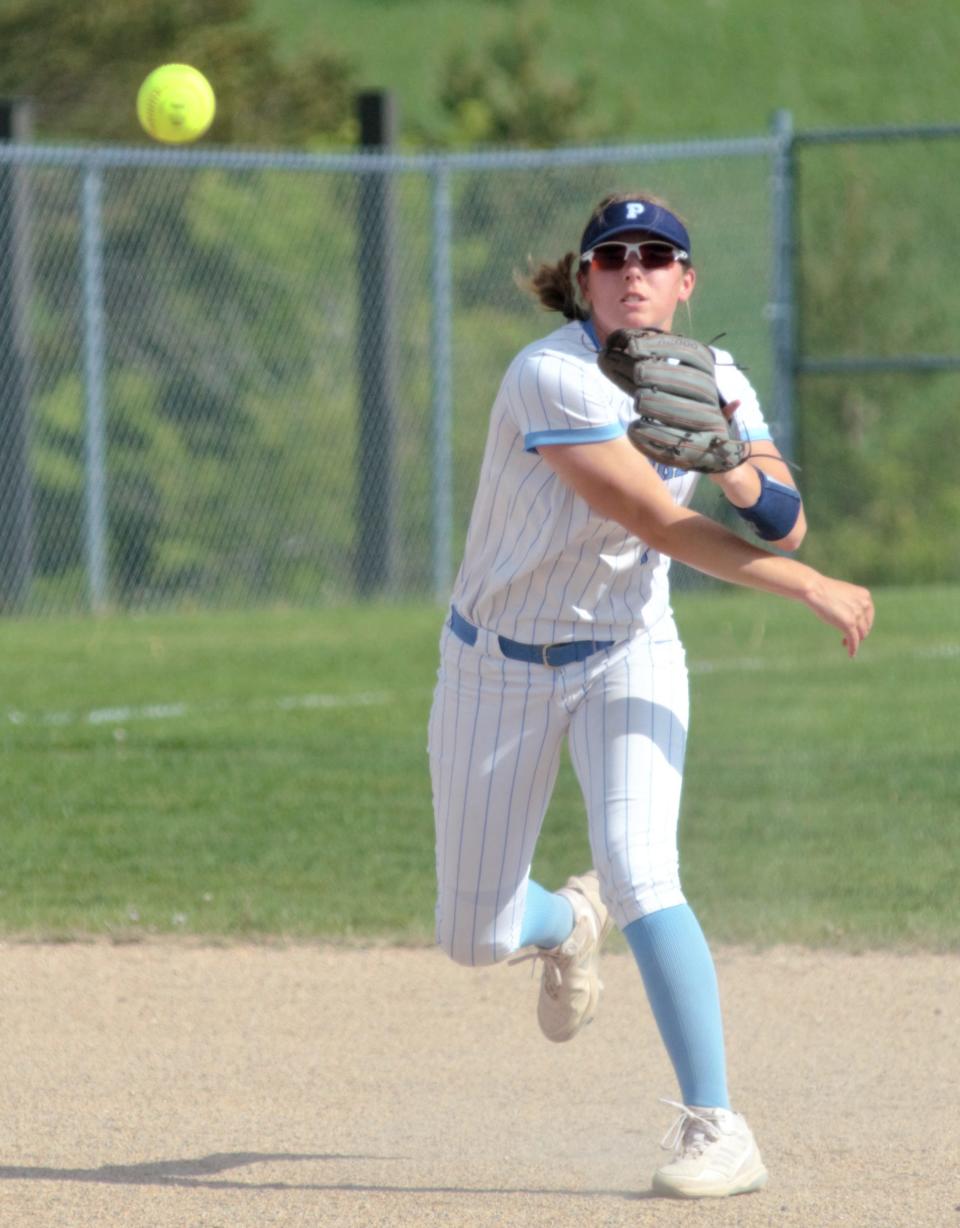 Petoskey's Kenzie Bromley makes a throw over to first for an out Tuesday vs. Gaylord. Bromley closed out a big career with the Northmen.