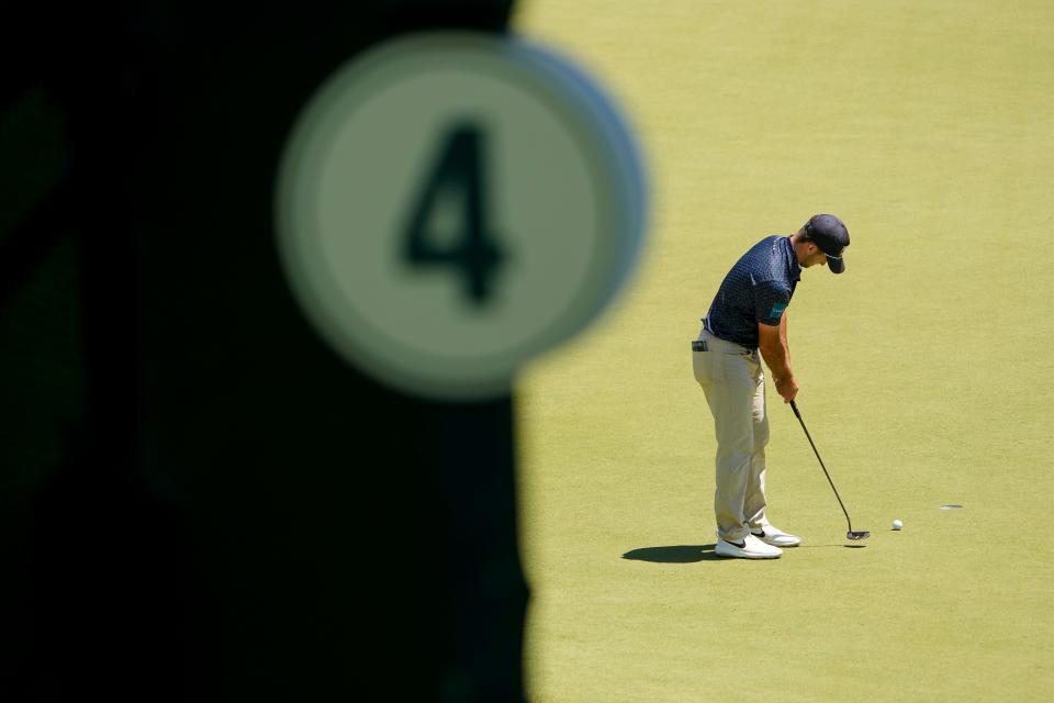 Jun 4, 2022; Dublin, Ohio, USA; Denny McCarthy putts on the 4th hole during the third round of the Memorial Tournament at Muirfield Village Golf Club. Mandatory Credit: Adam Cairns-The Columbus Dispatch