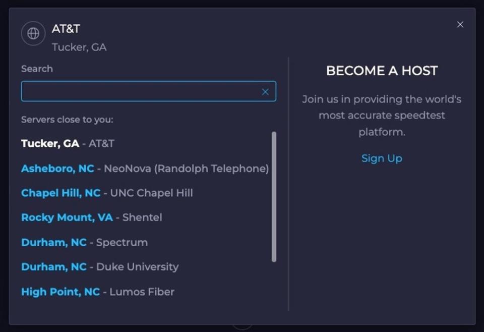 Pick a server to check your internet speed on Ookla.