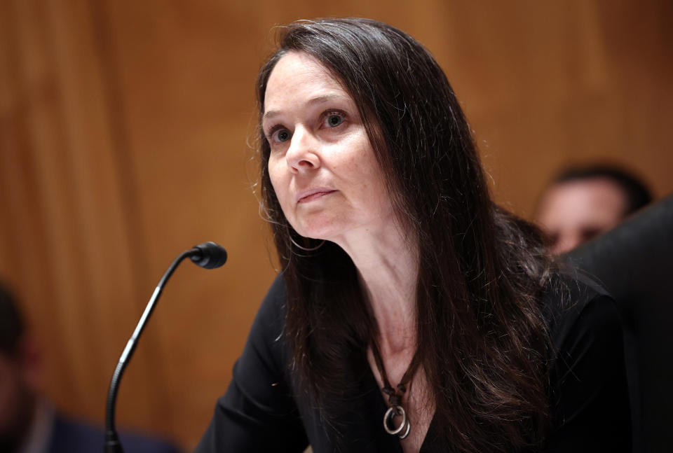 Jen Easterly testifies during her confirmation hearing before the Senate Homeland Security and Governmental Affairs Committee on June 10, 2021 in Washington, DC. (Photo by Kevin Dietsch/Getty Images)