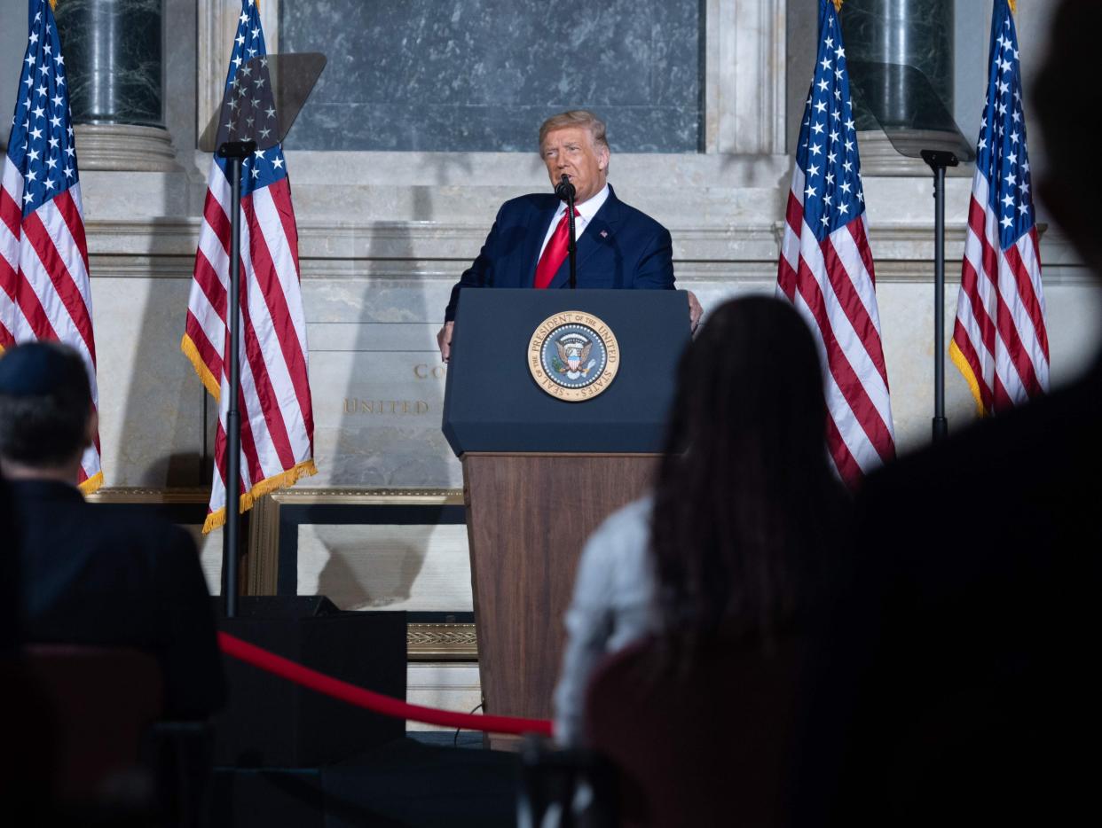 Donald Trump delivered a dark and gloomy speech at the National Archives on Thursday. (AFP via Getty Images)