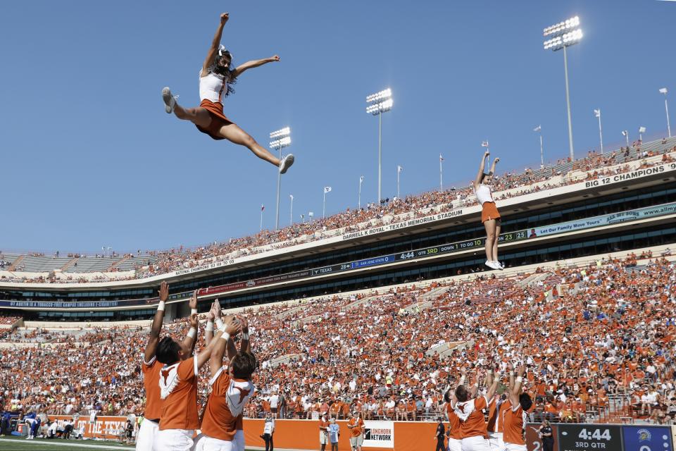 The Texas Longhorns cheerleaders perform in the third quarter against the San Jose State Spartans at Darrell K Royal-Texas Memorial Stadium on September 9, 2017, in Austin, Texas. (Getty file photo)