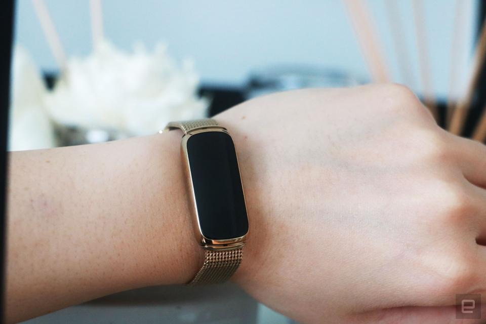 <p>The Fitbit Luxe with a gold mesh bracelet on a wrist leaning against a book shelf.</p>
