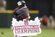 Mississippi State's Tanner Leggett, left, and Brayland Skinner, embrace after winning the College World Series 9-0 against Vanderbilt after the deciding Game 3 Wednesday, June 30, 2021, in Omaha, Neb. (AP Photo/Rebecca S. Gratz)