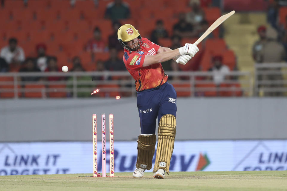 Punjab Kings' Jonny Bairstow is bowled out by Sunrisers Hyderabad's captain Pat Cummins during the Indian Premier League cricket match between Sunrisers Hyderabad's and Punjab Kings in Mohali, India, Tuesday, April . 9, 2024.(AP Photo/Surjeet Yadav)