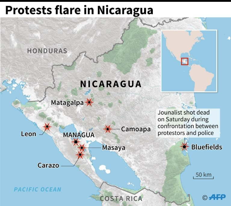 Map of Nicaragua locating sites where violence has erupted amid anti-government protests