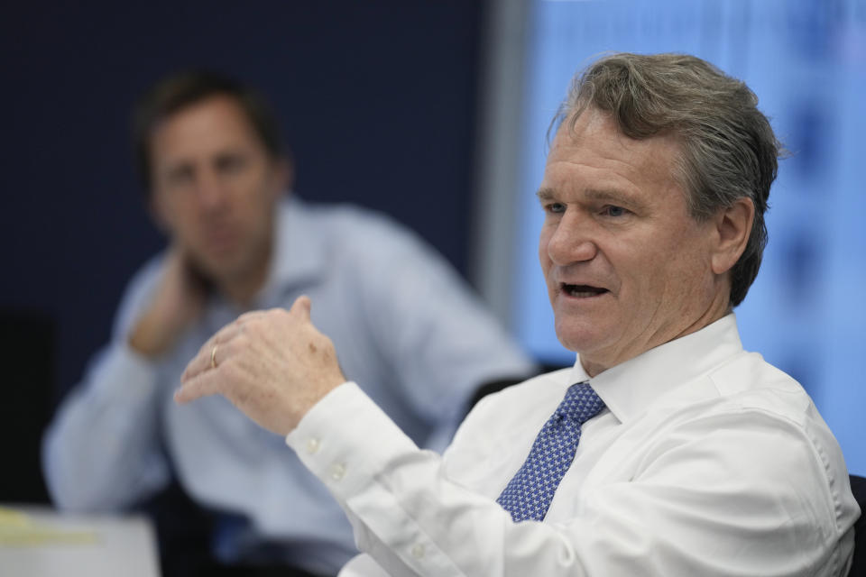 Brian Moynihan, CEO of Bank of America, talks with reporters at Associated Press headquarters in New York, Tuesday, Nov. 29, 2022. (AP Photo/Seth Wenig)