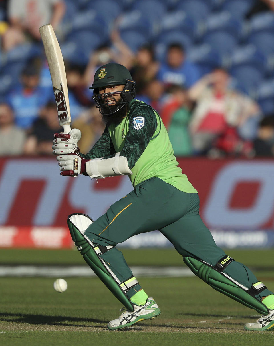 South Africa's Hashim Amla in action against Afghanistan during the ICC Cricket World Cup group stage match at The Cardiff Wales Stadium in Cardiff, Wales, Saturday June 15, 2019. (David Davies/PA via AP)