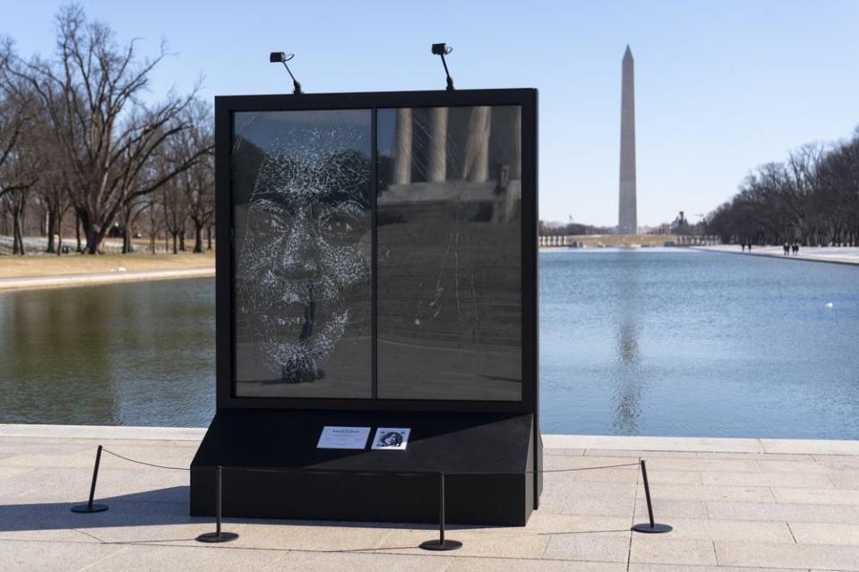 The installation “Vice President Kamala Harris Glass Ceiling Breaker” is seen at the Lincoln Memorial in Washington, Wednesday, Feb. 4, 2021. (AP Photo/Carolyn Kaster)