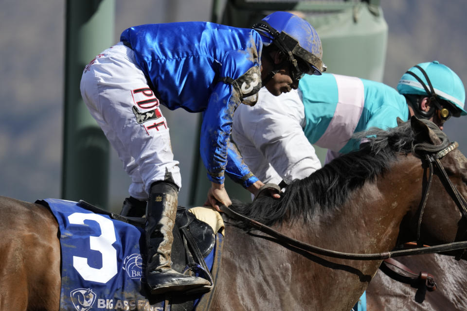 Junior Alvarado rides Cody's Wish after winning the Breeders' Cup Dirt Mile horse race Saturday, Nov. 4, 2023, at Santa Anita Park in Arcadia, Calif. (AP Photo/Ashley Landis)