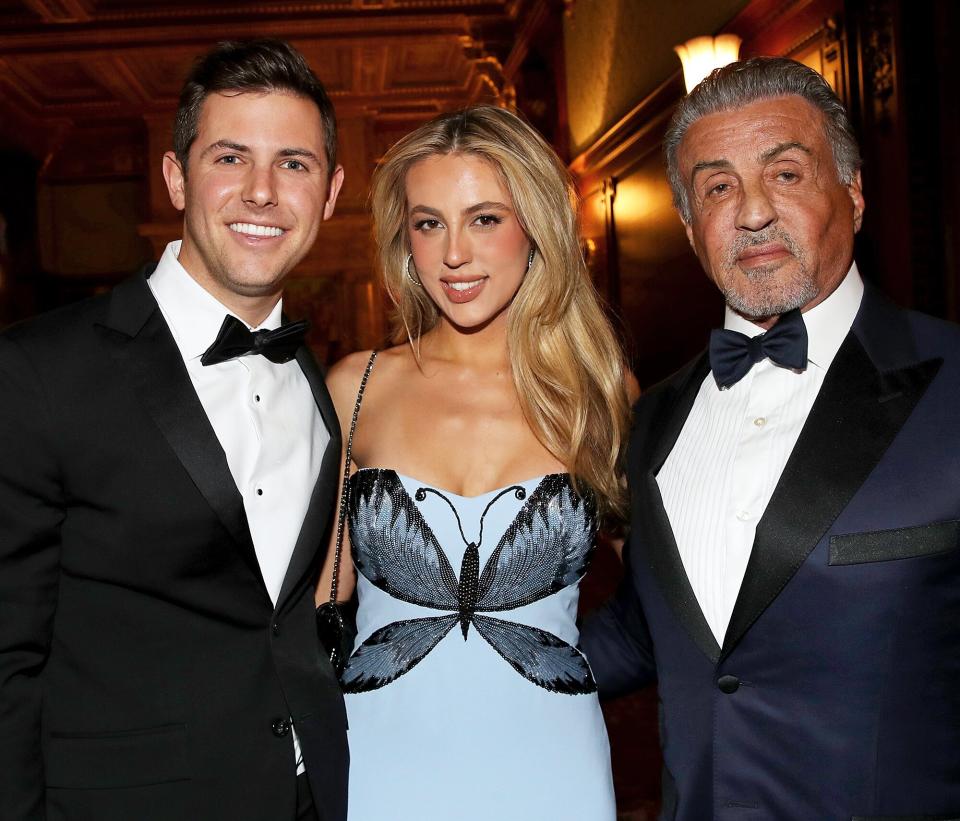 Grant Sholem, Sophia Stallone, and Sylvester Stallone at the Justice Ruth Bader Ginsburg Woman of Leadership Award on March 11, 2022 in Washington, DC honoring Diane von Furstenberg