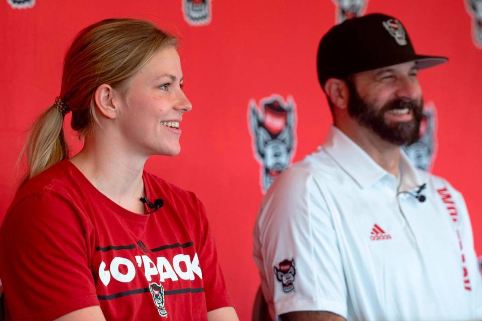 Katharine Berkoff and Head Coach of N.C. State Swimming speak on how Berkoff is preparing for the Olympics during a press conference at N.C. State on Thursday, June 27, 2024.