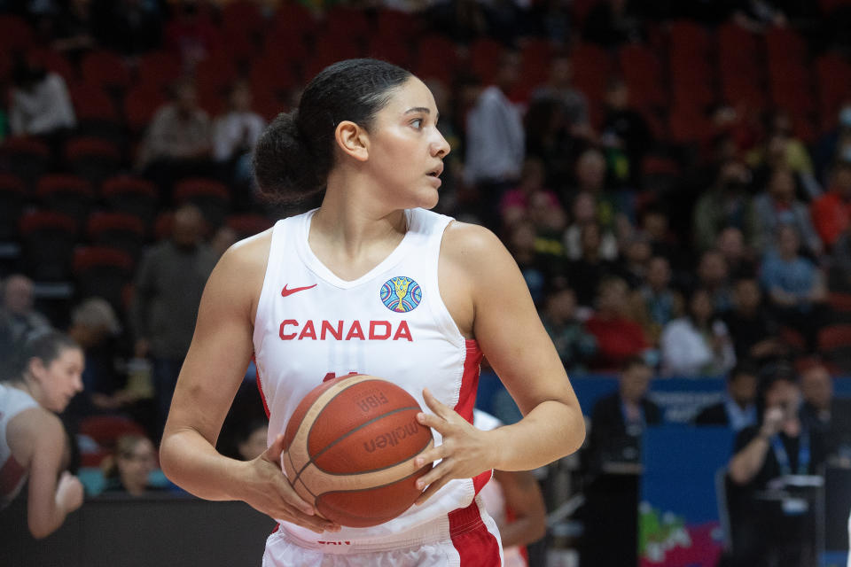 SYDNEY, AUSTRALIA - SEPTEMBER 30: Canada's Natalie Achonwa during the 2022 FIBA Women's Basketball Semi Final match between Canada and USA at Sydney Superdome, on September 30, 2022, in Sydney, Australia. (Photo by Steve Christo - Corbis/Corbis via Getty Images)