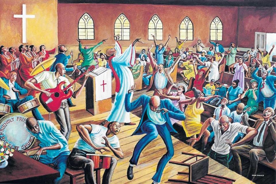 “Friendly Friendship Baptist Church,” by Ernie Barnes, 1994, will be included in “The North Carolina Roots of Artist Ernie Barnes” exhibition at the North Carolina Museum of History, which opens June 29 and runs through March 3.