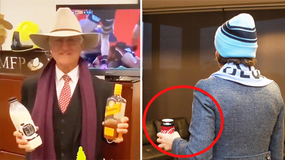 Queensland MP Bob Katter (pictured left) holding milk and rum and (pictured right) NSW Premier Gladys Berejiklian (pictured right) before State of Origin.