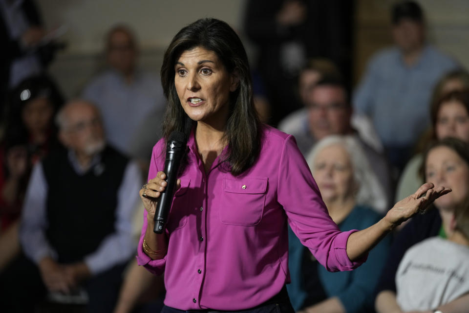 FILE - Republican presidential candidate Nikki Haley speaks during a town hall campaign event, Wednesday, May 17, 2023, in Ankeny, Iowa. In the coming weeks, at least four additional candidates are expected to launch their own presidential campaigns, joining a field that already includes Florida Gov. Ron DeSantis, Sen. Tim Scott, R-S.C., Haley, former Arkansas Gov. Asa Hutchinson, tech billionaire Vivek Ramaswamy and several longer-shots like conservative talk radio host Larry Elder. (AP Photo/Charlie Neibergall, File)