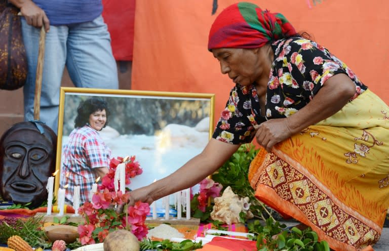 A Lenca indigenous woman protests against the murder of Honduran activist Berta Caceres, in front of the Public Ministry in Tegucigalpa on April 5, 2016