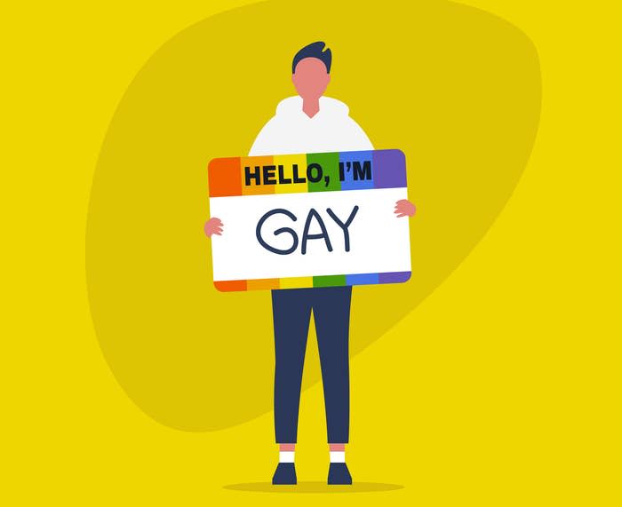 Illustration of a person holding a sign reading "Hello, I’m Gay" with a rainbow border