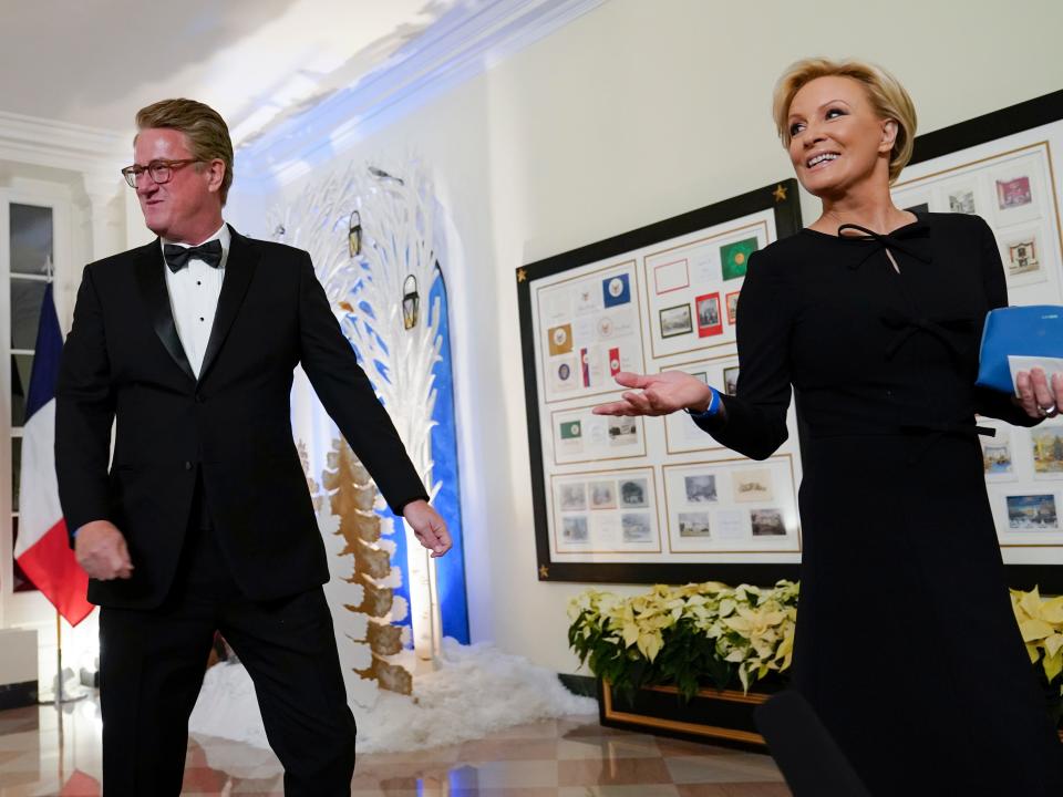 MSNBC television hosts Joe Scarboroughof and his wife Mika Brzezinski arrive for the State Dinner with President Joe Biden and French President Emmanuel Macron at the White House in Washington, Thursday, Dec. 1, 2022.