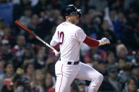 Boston Red Sox's Trevor Story watches his RBI single during the sixth inning of the team's baseball game against the Seattle Mariners at Fenway Park, Thursday, May 19, 2022, in Boston. (AP Photo/Charles Krupa)