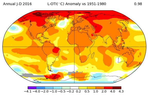 Global surface temperature departures from average for 2016.