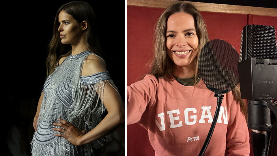 Roybn Lawley on the catwalk (left). Roybn Lawley in a vegan top in the studio (right).