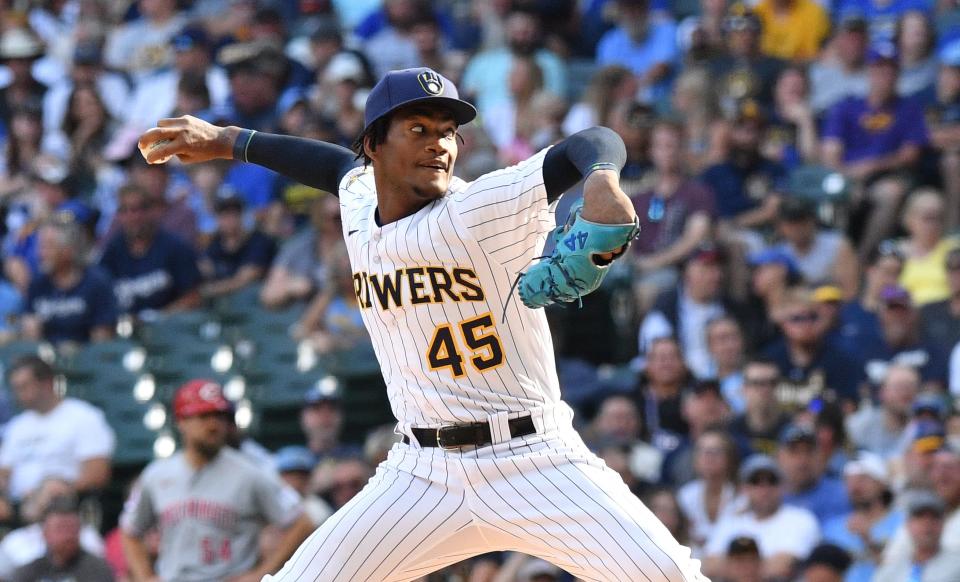 Jul 8, 2023; Milwaukee, Wisconsin, USA; Milwaukee Brewers relief pitcher Abner Uribe (45) makes his major league debut agains the Cincinnati Reds in the eighth inning at American Family Field. Mandatory Credit: Michael McLoone-USA TODAY Sports