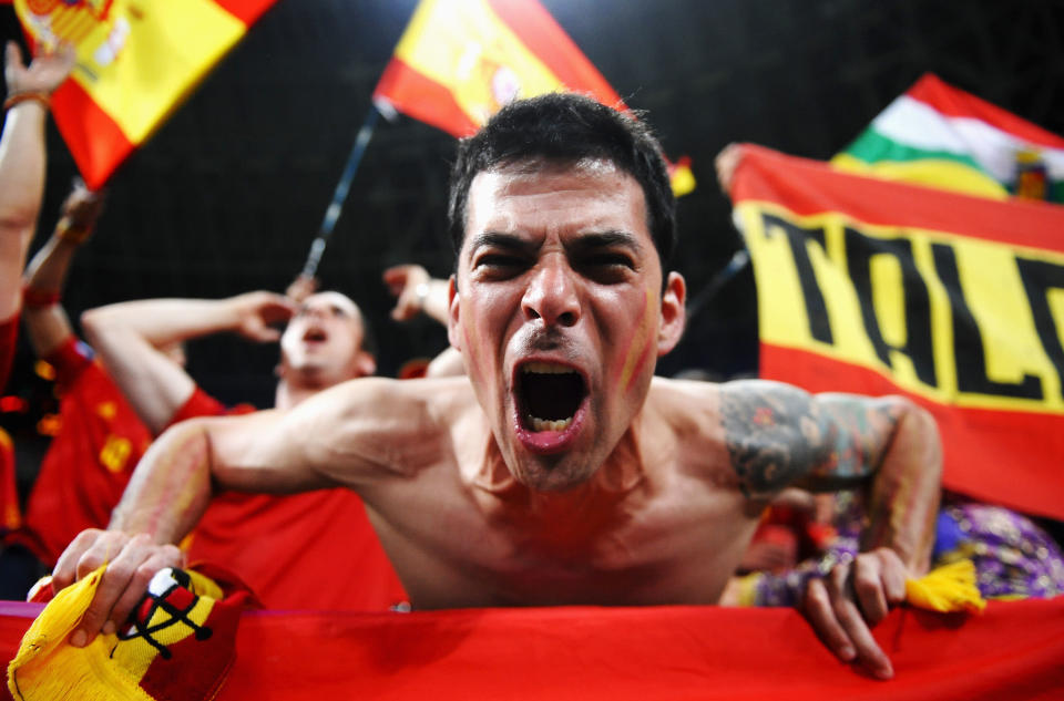 DONETSK, UKRAINE - JUNE 23: A Spanish fan enjoys the atmosphere ahead of the UEFA EURO 2012 quarter final match between Spain and France at Donbass Arena on June 23, 2012 in Donetsk, Ukraine. (Photo by Laurence Griffiths/Getty Images)