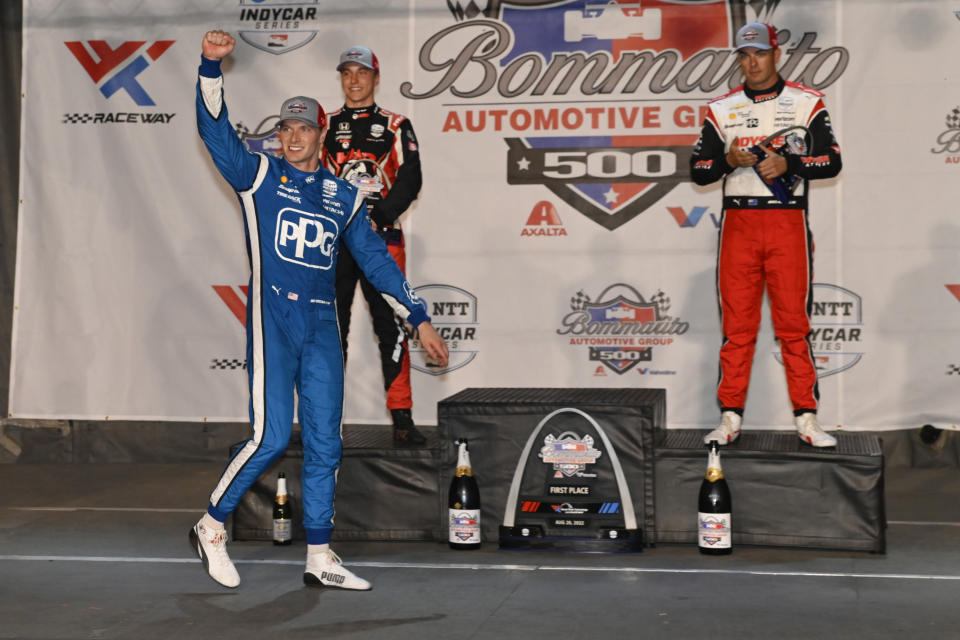 Josef Newgarden (2) reacts after winning an IndyCar auto race at World Wide Technology Raceway, Saturday, Aug. 20, 2022, in Madison, Ill. (AP Photo/Joe Puetz)