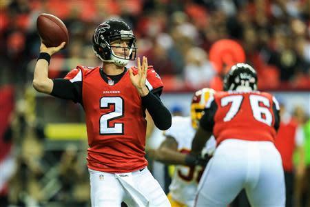 Dec 15, 2013; Atlanta, GA, USA; Atlanta Falcons quarterback Matt Ryan (2) throws a pass in the first half against the Washington Redskins at the Georgia Dome. Daniel Shirey-USA TODAY Sports