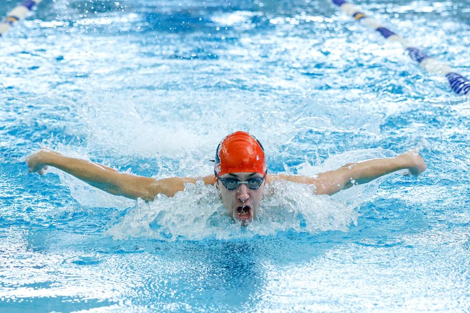 Carl Albert’s Jackson Lorenz swims in the 200-yard individual medley race at the Class 5A West Regional on Feb. 2 at Edmond Schools Aquatic Center.