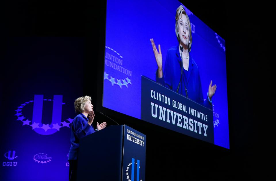 Former Secretary of State Hillary Rodham Clinton speaks to kick off a student conference of the Clinton Global Initiative University at Arizona State University, Friday, March 21, 2014, in Tempe, Ariz. (AP Photo/Ross D. Franklin)