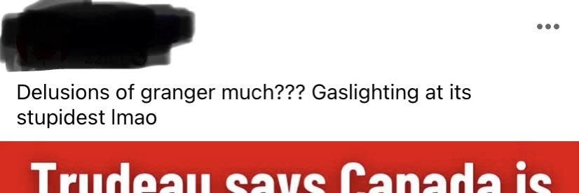 Screenshot of a headline, "Trudeau says Canada is..." followed by social media comment: "Delusions of granger much?? Gaslighting at its stupidest lmao"