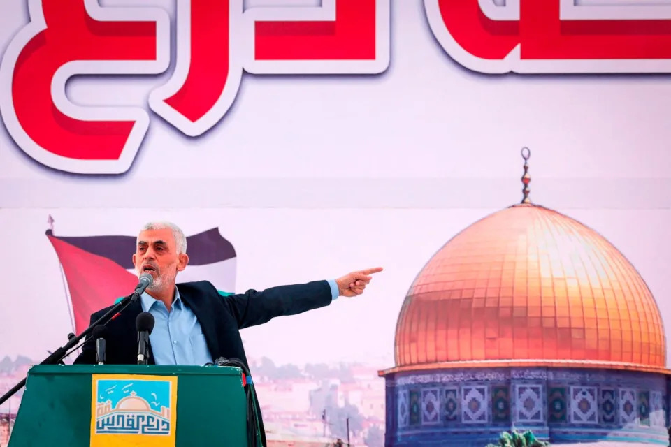 PHOTO: Yahia al-Sinwar addresses supporters during a rally marking Al-Quds (Jerusalem) Day in Gaza City, on April 14, 2023.  (Mohammed Abed/AFP via Getty Images)
