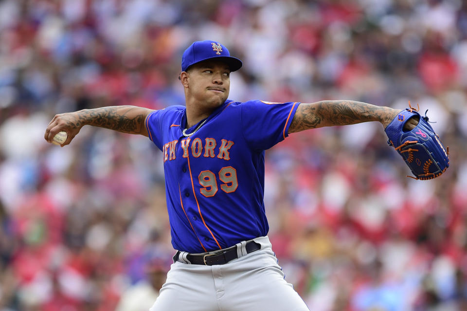 New York Mets starting pitcher Taijuan Walker throws the ball during the first inning of a baseball game against the Philadelphia Phillies, Sunday, Aug. 8, 2021, in Philadelphia. (AP Photo/Derik Hamilton)