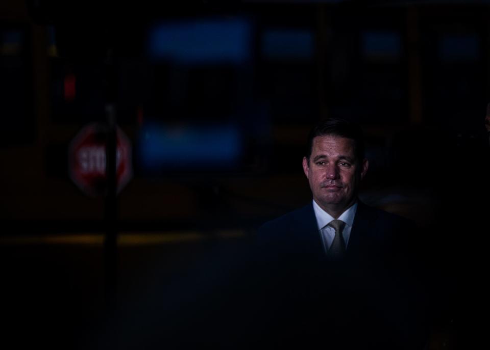 JCPS Superintendent Marty Pollio waited for a live TV segment at the Detrick Bus Compound on the first day of school on Wednesday, Aug. 9, 2023