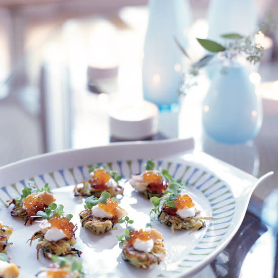 Zucchini Latkes with Red Pepper Jelly and Smoked Trout