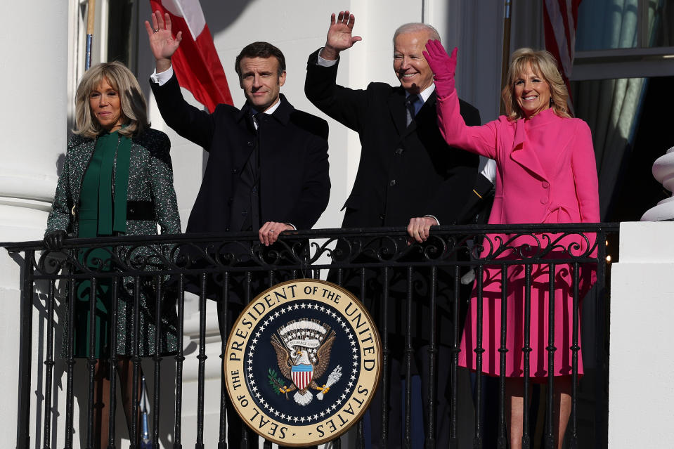 Joe Biden and First Lady Jill Biden welcome French President Emmanuel Macron and his wife Brigitte Macron to the White House on December 01, 2022.