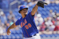 New York Mets' Taijuan Walker (99) throws in the first inning of a spring training baseball game against the Washington Nationals, Saturday, March 26, 2022, in Port St. Lucie, Fla. (AP Photo/Sue Ogrocki)