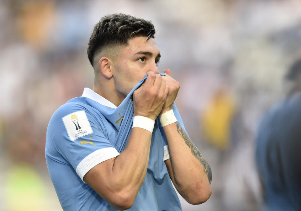 Uruguay's Anderson Duarte celebrates scoring his side's opening goal against Israel during a FIFA U-20 World Cup semifinal soccer match at the Diego Maradona stadium in La Plata, Argentina, Thursday, June 8, 2023. (AP Photo/Gustavo Garello)