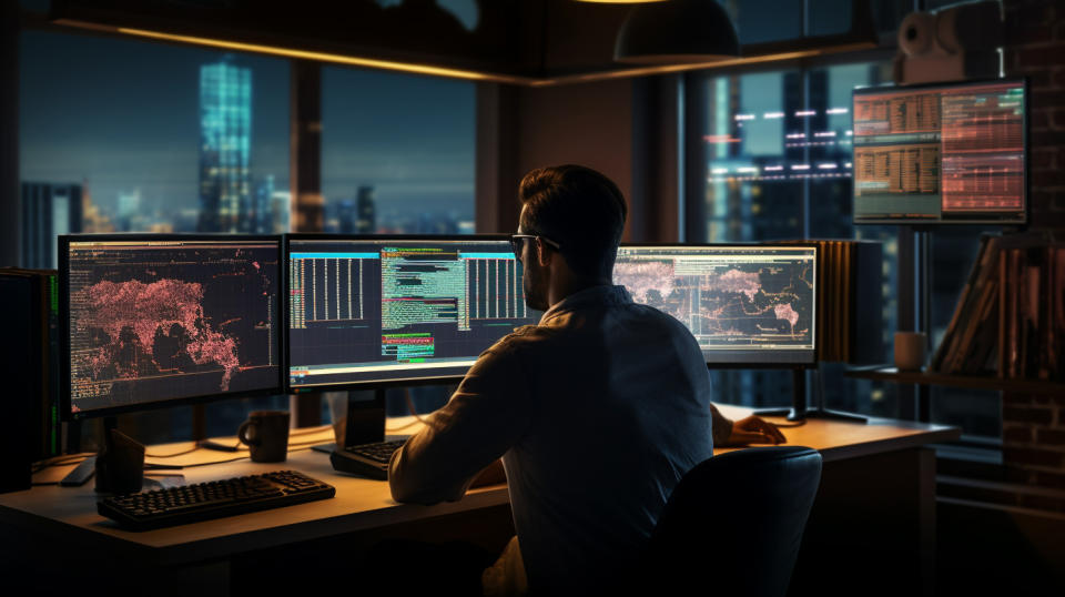 A cross section of a data analyst overviewing code on several monitors.