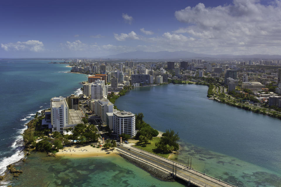 Hotels line Condado Lagoon and Atlantic Ocean San Juan, Puerto Rico