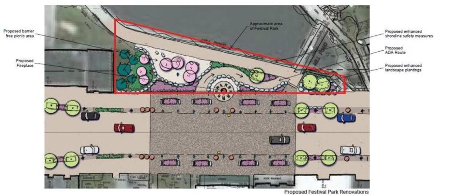 A rendering by firm Giffels Webster shows elements to be added to the Mill Park park in downtown Brighton.